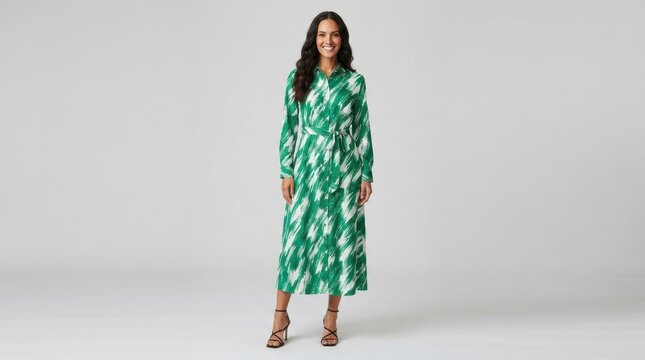 Full body portrait of a smiling woman in a green patterned dress