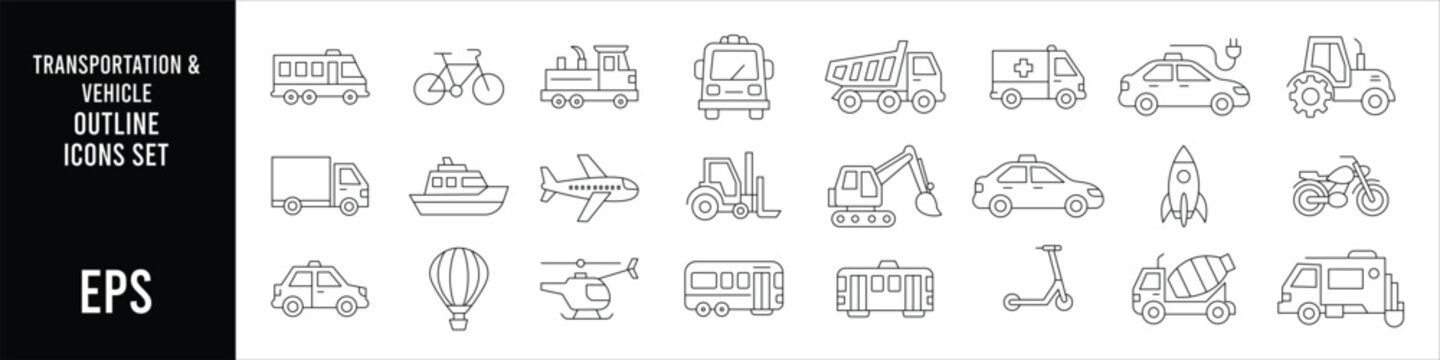 Minimal transportation and vehicle outline icon set featuring cars trucks aircraft construction emergency public transit and mobility symbols for web and application design