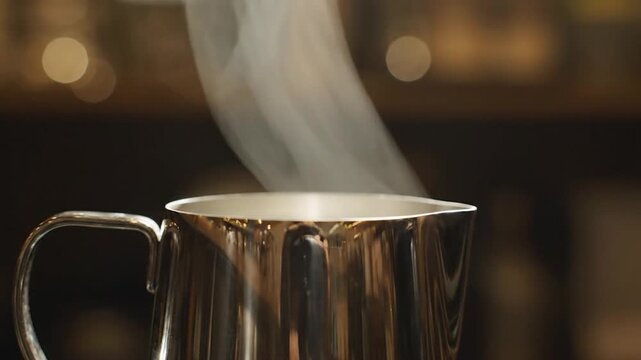 Close-up of Steaming Hot Beverage in a Silver Pitcher.