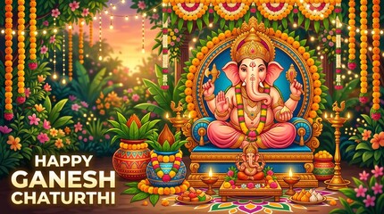 Fototapeta premium Eco-Friendly Ganpati Blessing Pose with Green Theme – Modern Ganesh Chaturthi HD Wallpaper