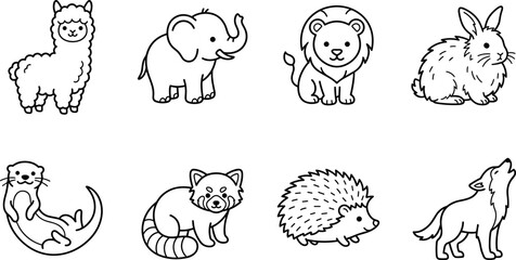 Fototapeta premium Cute Woodland Animal Cartoon Coloring Page Outline Vector Set Featuring Alpaca Elephant Lion Rabbit Otter Red Panda Hedgehog and Wolf Characters
