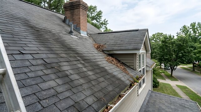 Damaged chimney flashing and missing shingles on aging house roof