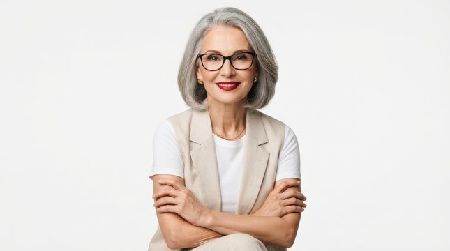 Elegant senior woman with grey hair wearing glasses isolated on white background
