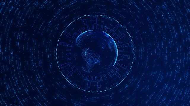 Global globe digital scanner interface blue dotted earth, concentric HUD marks, and dark space depth. world data videos, technology explainers, network maps, cyber screens, and animated overlays.
