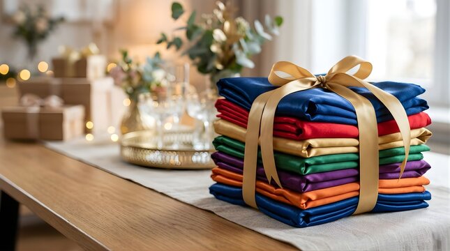 Stack of colorful folded silk fabrics tied with a golden ribbon on a table