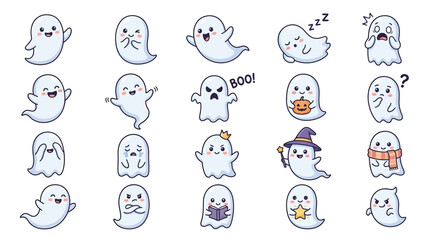 Obraz premium Cute Halloween ghost stickers set, 20 kawaii ghost characters with different emotions, spooky cartoon phantom icons for seasonal decor
