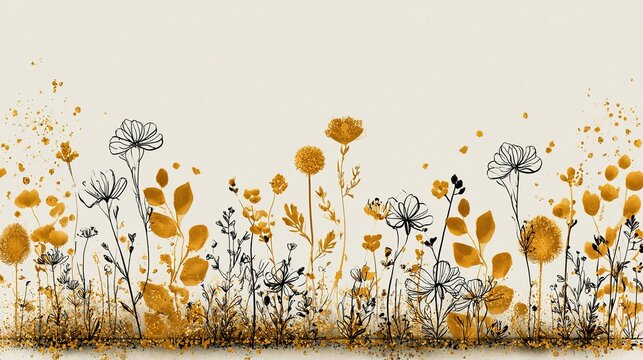 Elegant botanical illustration, golden and black hand drawn meadow flowers growing from bottom margin, solid off white background, thin black outline blooms, solid gold leaves, textured seed heads, da