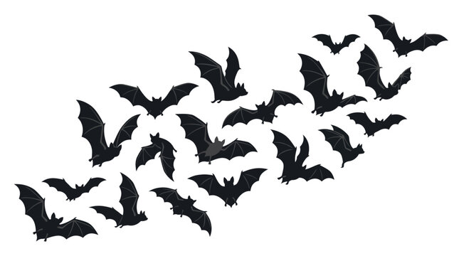 Halloween bat silhouettes flying in a swarm, black spooky bats vector set, flying colony of bats isolated on white background for party decor