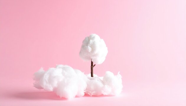 A small tree crafted from cotton on a cloud of cotton against a soft pink background in a minimalist style