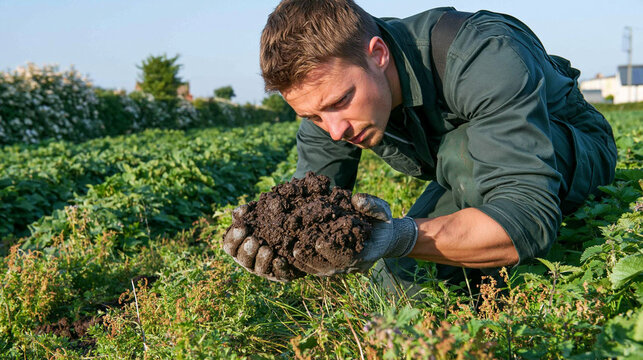 Farmer Examining Soil Quality: A farmer wearing a green jumpsuit and gloves kneels in a field of crops, carefully examining a handful of rich, dark soil under a clear blue sky.