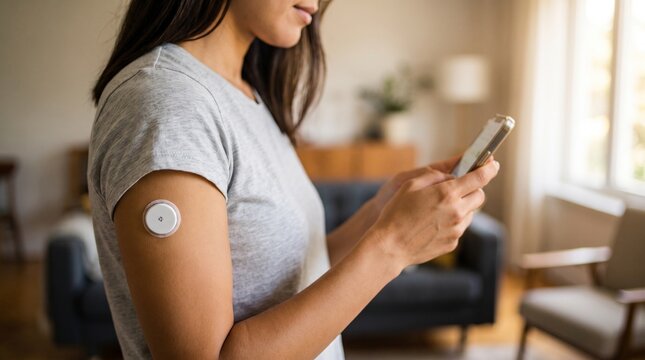A woman with a continuous glucose monitor on her arm checks her smartphone for health data in a home setting.