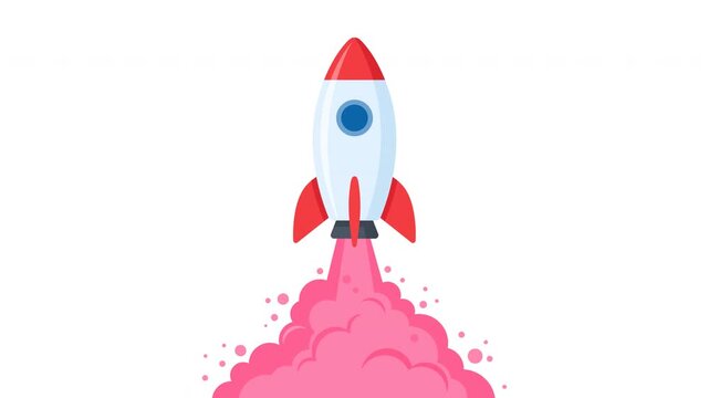 Cartoon rocket launching with pink smoke on alpha channel