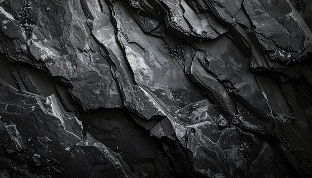 Jagged dark shale texture with diagonal rock formations and contrasting highlights in grayscale for geological detail