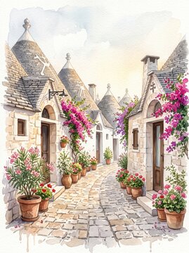 Watercolor conical trulli rooftops narrow cobblestone alley, pink bougainvillea terracotta flower pots Italy. Old town travel poster illustration