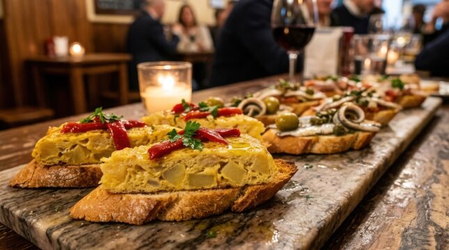 Crispy baguette toast Spanish tortilla piquillo peppers parsley, anchovies green olives marble board candlelight. Spanish tapas food photography