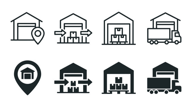 Logistics and warehousing icon set showing storage facility management and goods transportation with warehouse, shipping