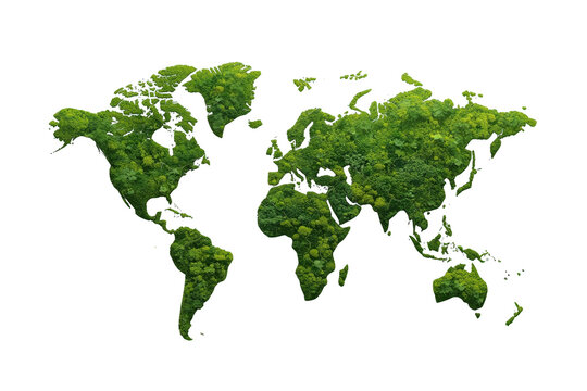 World map continents forming from green moss and plants illustrating global ecology and sustainable environment on transparent background