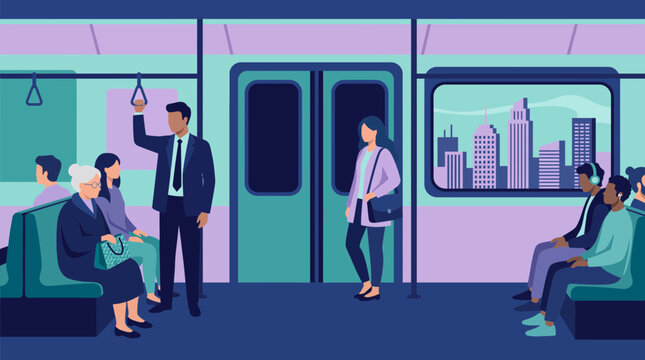 Diverse group of commuters sitting and standing inside a modern subway train car with a city skyline view through the window, illustrating daily urban public transportation and city lifestyle