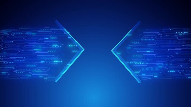 Futuristic cyan tech border visual mirrored circuit patterns, blue arrow shapes, and clean title area. corporate videos, AI screens, digital presentations, UI intros, motion graphic overlays.