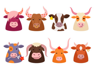 Fototapeta premium Cute Cartoon Cow and Bull Face Vector Character Set