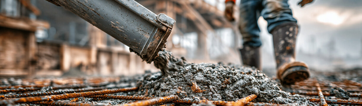 Construction worker pouring concrete: A construction worker in safety gear guides a stream of wet concrete from a chute onto a steel rebar grid, building the foundation of a new structure.