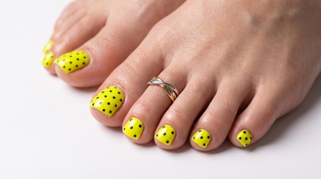 Manicure and pedicure with bright yellow polka dot nail polish. Beauty salon treatment for stylish nails.