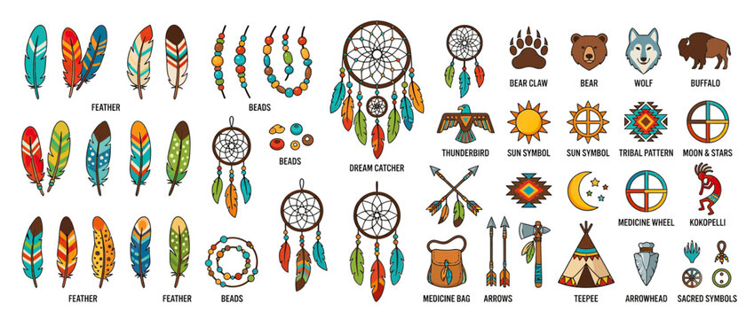 Native American tribal icons, symbols, and ornaments collection