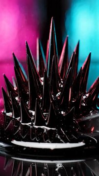 Ferrofluid spikes forming sharp spiky structures, abstract magnetic liquid, dynamic patterns, glowing neon pink and cyan bokeh background