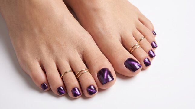 Toenails with purple cat-eye nail polish. Manicure and pedicure for stylish beauty. Professional nail care for elegant foot grooming.