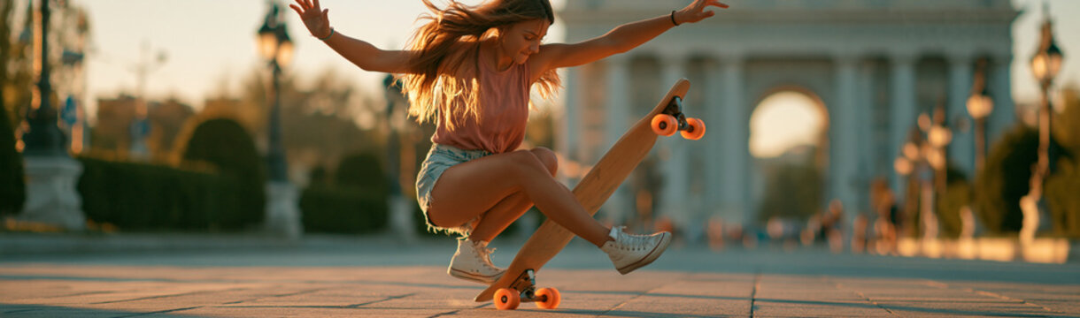 Urban Skater's Joyride: A young woman with flowing hair skillfully navigates her skateboard through an open plaza, silhouetted against the warm glow of a setting sun.