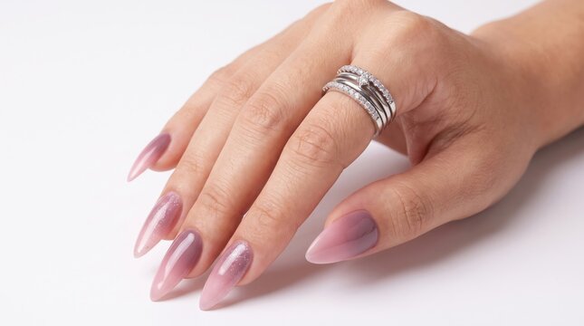 Close-up of manicured stiletto nails with silver rings. Elegant hand showing detailed nail art and polished beauty treatment.
