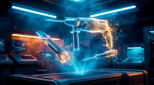 A drill and a drill bit in a room with a blue light