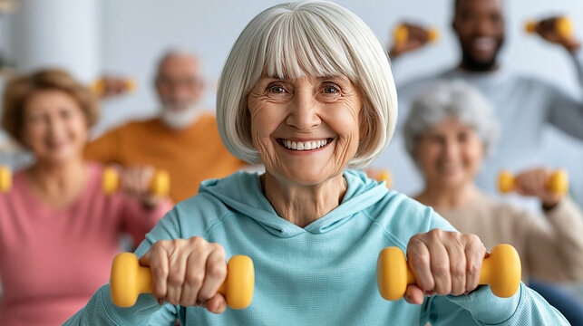 Active Seniors' Fitness Class: A smiling senior woman leads a group of diverse elderly individuals in a spirited fitness session, each holding a dumbbell.