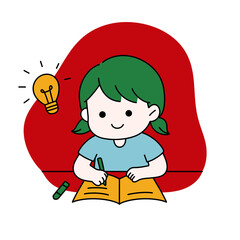 Little girl student writing on book with light bulb idea icon. illustration for do your best classroom rule, study hard concept, homework, and back to school posters.