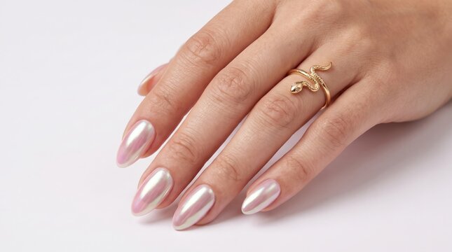 Close-up of elegant pearl chrome manicure on woman's hand. Luxury metallic nail art with glossy white pearl accents for salon beauty treatments.