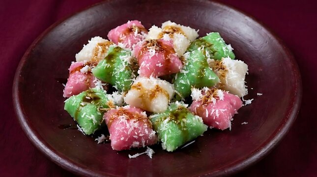 Colorful traditional Indonesian getuk snacks with coconut.