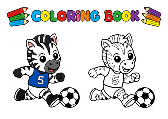 Obraz premium Cute cartoon zebra soccer player shown in colored and black and white outline versions on a coloring book cover, playful sports activity design made for children.