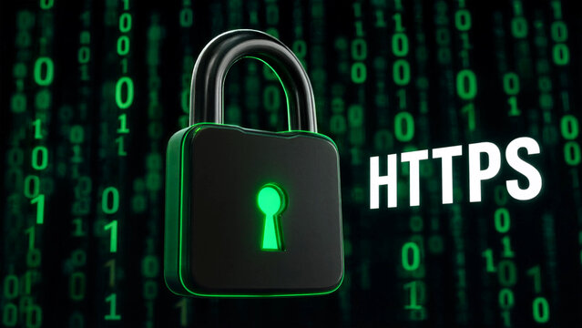 A black padlock with a green glow on a background of binary code and HTTPS text