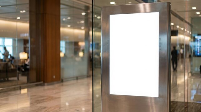 A vertical blank white digital display screen mounted on a metal stand in a modern office lobby.