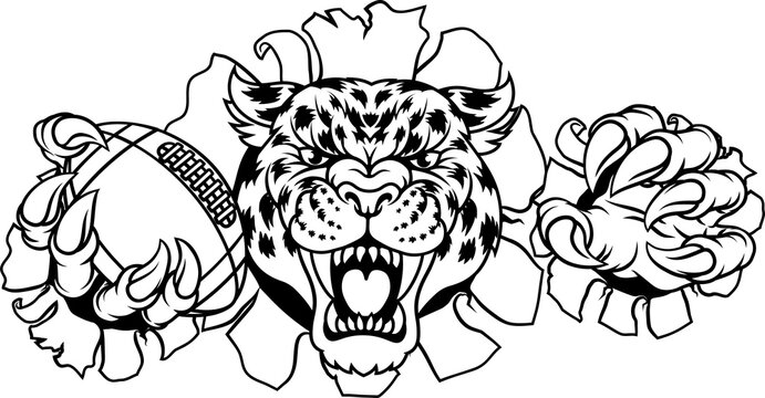 A jaguar, panther, leopard or cheetah wildcat spotted cat American football sports team mascot holding a ball