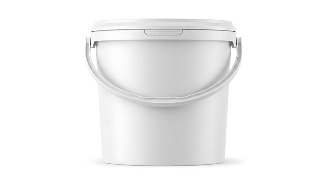 Empty white plastic bucket with a handle for industrial paint or food storage container mockup design. 5 gallon pail