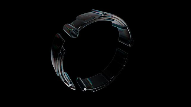 Abstract translucent bracelet with iridescent light reflections on black background