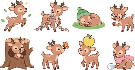 Obraz premium Cute Baby Deer Daily Activity Cartoon Vector Set Featuring Sleeping Reading Playing Learning Nature and Seasonal Adventure Illustrations