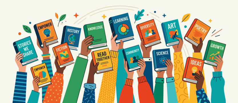 Raised hands holding books collection for learning literacy education community reading school programs library events knowledge access empowerment vector illustration campaign for literacy poster