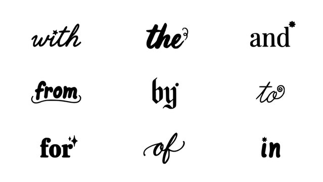 Prepositions and Conjunctions in Handwritten Typography Style Featuring Cursive, Script, Writing with Letters and Words Elements