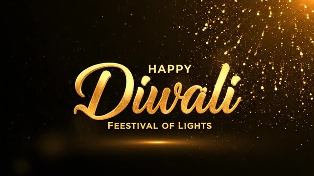 Golden Happy Diwali greeting text with fireworks on black.