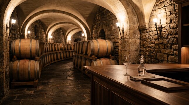 Warm light illuminates a stone vaulted wine cellar with rows of aging oak barrels and a dark wood tasting counter in the foreground. Ideal for luxury beverage branding or winery brochures.