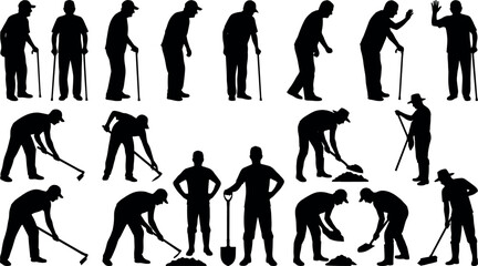 Elderly people and farmers working with shovels silhouette icons set isolated on a white background, © Imran