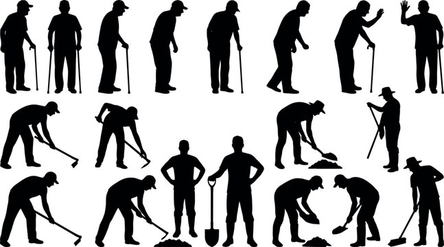 Elderly people and farmers working with shovels silhouette icons set isolated on a white background,