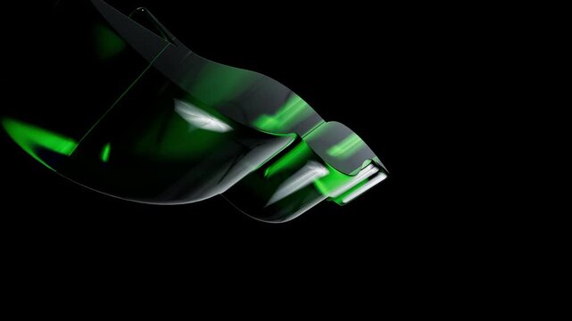 Abstract green glass bottle with reflections on black background